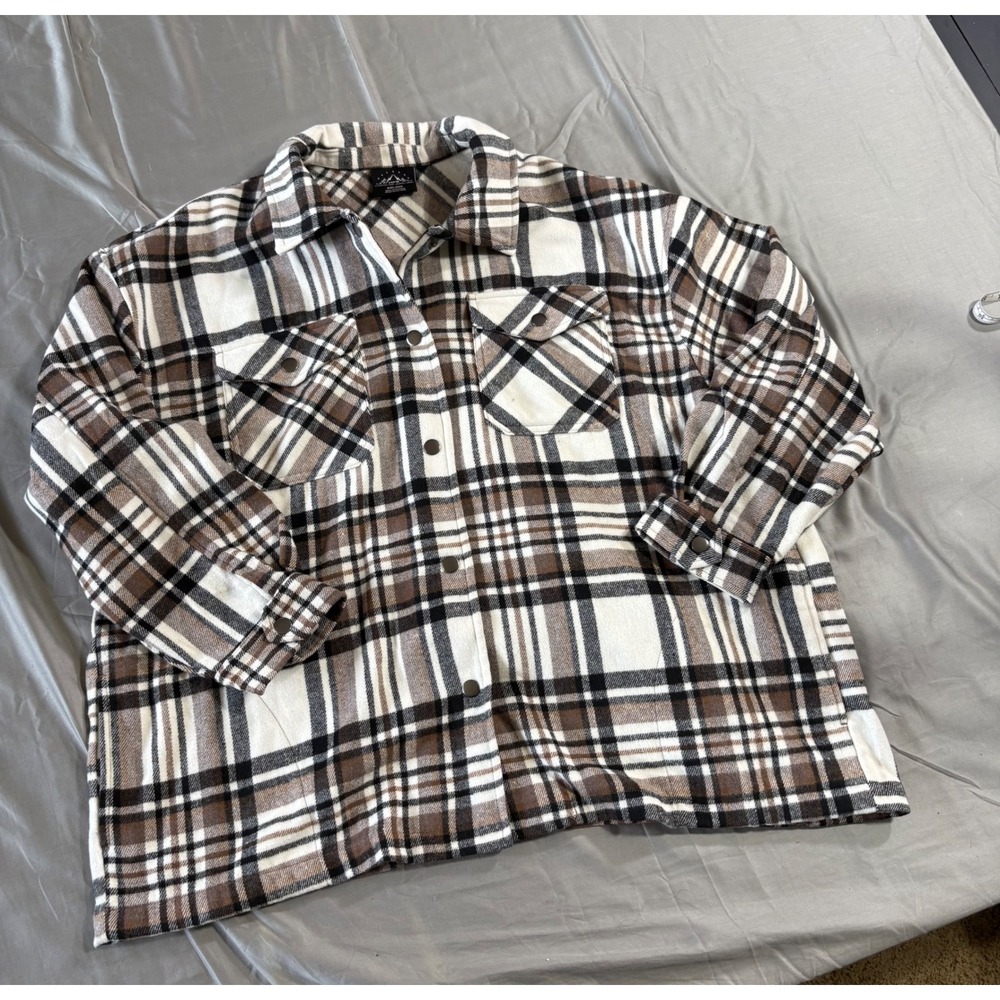 HFX Mens Plaid Flannel Shirt Jacket Brown Cream Snap Button Shacket XXL 1534711